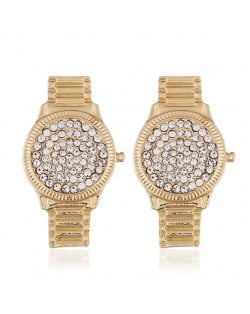 Rhinestone Inlaid Wrist Watch Design High Fashion Statement Earrings - Golden