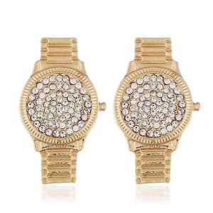 Rhinestone Inlaid Wrist Watch Design High Fashion Statement Earrings - Golden