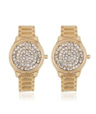 Rhinestone Inlaid Wrist Watch Design High Fashion Statement Earrings - Golden
