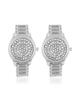 Rhinestone Inlaid Wrist Watch Design High Fashion Statement Earrings - Silver