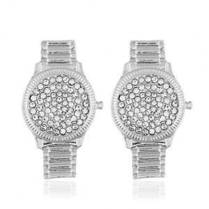 Rhinestone Inlaid Wrist Watch Design High Fashion Statement Earrings - Silver