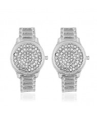 Rhinestone Inlaid Wrist Watch Design High Fashion Statement Earrings - Silver