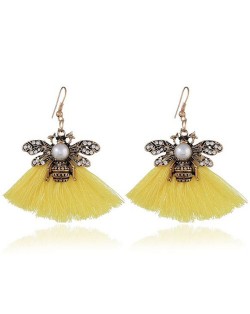 Rhinestone Decorated Vintage Bee with Cotton Tassel Design Fashion Earrings - Yellow