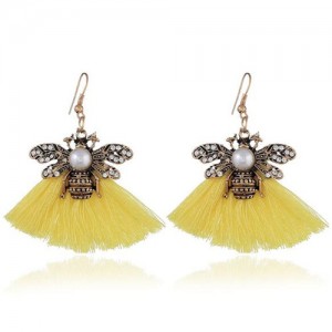 Rhinestone Decorated Vintage Bee with Cotton Tassel Design Fashion Earrings - Yellow