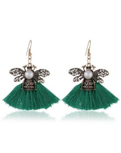 Rhinestone Decorated Vintage Bee with Cotton Tassel Design Fashion Earrings - Green