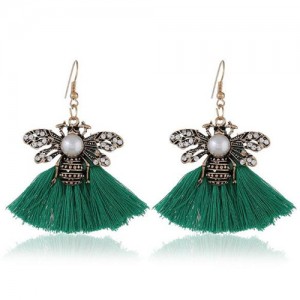 Rhinestone Decorated Vintage Bee with Cotton Tassel Design Fashion Earrings - Green