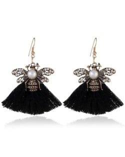 Rhinestone Decorated Vintage Bee with Cotton Tassel Design Fashion Earrings - Black