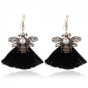 Rhinestone Decorated Vintage Bee with Cotton Tassel Design Fashion Earrings - Black