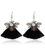 Rhinestone Decorated Vintage Bee with Cotton Tassel Design Fashion Earrings - Black