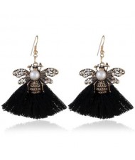 Rhinestone Decorated Vintage Bee with Cotton Tassel Design Fashion Earrings - Black