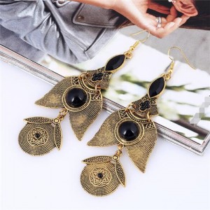 Resin Beads Embellished Vintage Dangling Flowers Fashion Statement Earrings - Golden