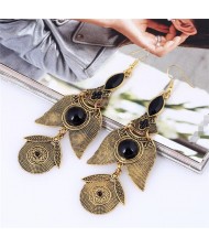 Resin Beads Embellished Vintage Dangling Flowers Fashion Statement Earrings - Golden