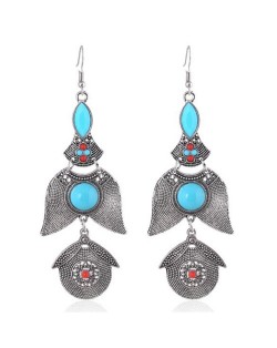 Resin Beads Embellished Vintage Dangling Flowers Fashion Statement Earrings - Silver