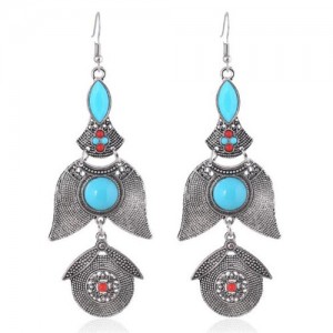 Resin Beads Embellished Vintage Dangling Flowers Fashion Statement Earrings - Silver
