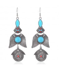 Resin Beads Embellished Vintage Dangling Flowers Fashion Statement Earrings - Silver
