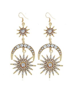 Rhinestone Embellished Moon and Star Combo Design Dangling Alloy Fashion Earrings - Golden