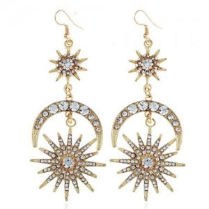 Rhinestone Embellished Moon and Star Combo Design Dangling Alloy Fashion Earrings - Golden