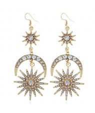 Rhinestone Embellished Moon and Star Combo Design Dangling Alloy Fashion Earrings - Golden
