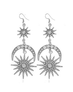 Rhinestone Embellished Moon and Star Combo Design Dangling Alloy Fashion Earrings - Silver