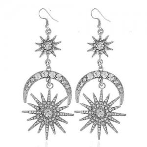 Rhinestone Embellished Moon and Star Combo Design Dangling Alloy Fashion Earrings - Silver
