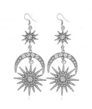 Rhinestone Embellished Moon and Star Combo Design Dangling Alloy Fashion Earrings - Silver