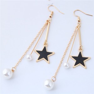 Black Star and Pearl Long Design Fashion Statement Earrings