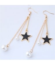 Black Star and Pearl Long Design Fashion Statement Earrings