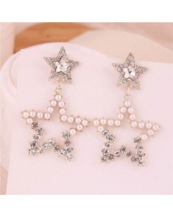 Beads and Rhinestone Embellished Hollow Hoop Design Fashion Statement Earrings - Royal Blue