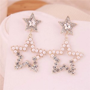 Pearl and Rhinestone Embellished Hollow Hoop Design Fashion Statement Earrings