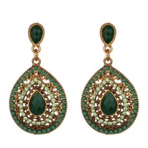 Gem and Beads Embellished Waterdrop Shape Bohemian Fashion Earrings - Green