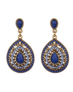 Gem and Beads Embellished Waterdrop Shape Bohemian Fashion Earrings - Blue