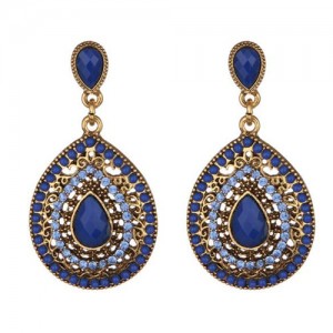 Gem and Beads Embellished Waterdrop Shape Bohemian Fashion Earrings - Blue
