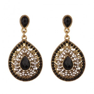 Gem and Beads Embellished Waterdrop Shape Bohemian Fashion Earrings - Black