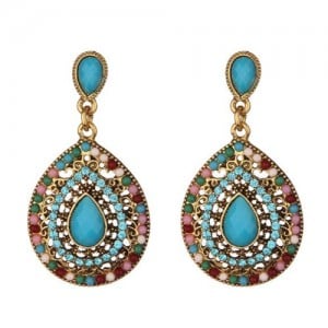Gem and Beads Embellished Waterdrop Shape Bohemian Fashion Earrings - Multicolor