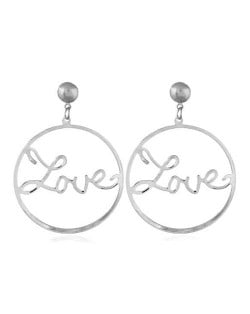 Love Theme Hollow Round Hoop Alloy Fashion Earrings - Silver