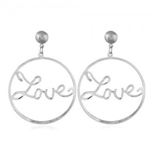 Love Theme Hollow Round Hoop Alloy Fashion Earrings - Silver