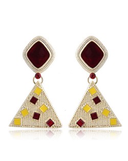 Colorful Oil-spot Glazed Squares Embellished Golden Triangle Design High Fashion Earrings