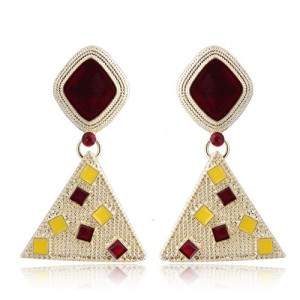 Colorful Oil-spot Glazed Squares Embellished Golden Triangle Design High Fashion Earrings