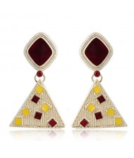 Colorful Oil-spot Glazed Squares Embellished Golden Triangle Design High Fashion Earrings