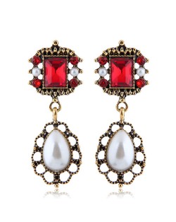 Pearl and Rhinestone Embellished Vintage Royal Style Fashion Statement Earrings - Red