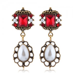 Pearl and Rhinestone Embellished Vintage Royal Style Fashion Statement Earrings - Red