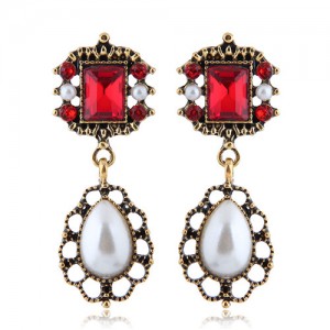 Pearl and Rhinestone Embellished Vintage Royal Style Fashion Statement Earrings - Red