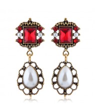 Pearl and Rhinestone Embellished Vintage Royal Style Fashion Statement Earrings - Red