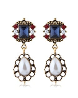 Pearl and Rhinestone Embellished Vintage Royal Style Fashion Statement Earrings - Ink Blue