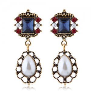 Pearl and Rhinestone Embellished Vintage Royal Style Fashion Statement Earrings - Ink Blue
