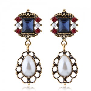 Pearl and Rhinestone Embellished Vintage Royal Style Fashion Statement Earrings - Ink Blue