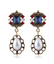 Pearl and Rhinestone Embellished Vintage Royal Style Fashion Statement Earrings - Ink Blue