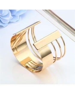 Unique Hollow Design Wide Style Open-end Alloy Fashion Bangle - Golden