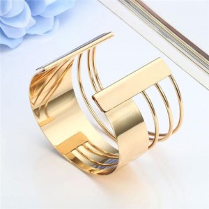 Unique Hollow Design Wide Style Open-end Alloy Fashion Bangle - Golden