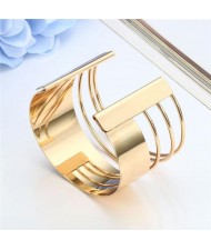 Unique Hollow Design Wide Style Open-end Alloy Fashion Bangle - Golden